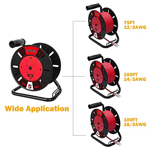 Ep Extension Cord Storage Reel With 4-Grounded Outlets, Heavy Duty Open Cord Reel For 12/3 14/3 16/3 Power Cords, Portable Empty Hand Crank Electric Cord Roller Holder, Red #TOP4