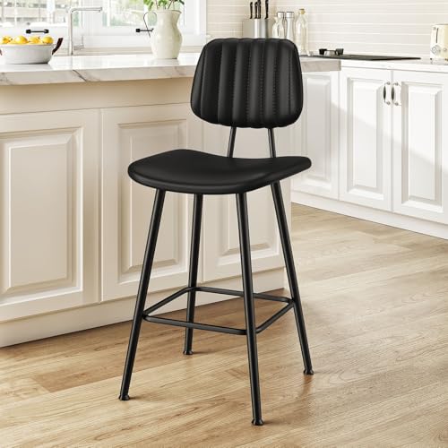 Image of Raynesys 24-Inch Leather Bar Stools with High Backrest, Black