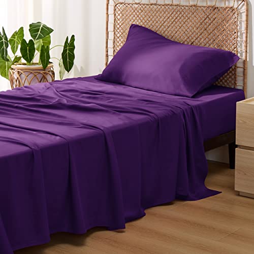 Image of Bedsure Cooling Sheets Twin, Rayon Derived from Bamboo, PureWoven, Breathable & Soft Twin Sheets Set, Deep Pocket Up to 16 Inches, Hotel Luxury Silky Bedding for Hot Sleepers, Plum