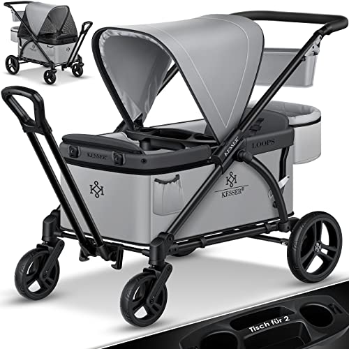 KESSER® Bollerwagen Faltbar Loops 2in1 Kinderwagen Handwagen mit Dach Transportwagen klappbar inkl. 2X 5-Punkt Gurtsystem Kinder 360° Vollgummi-Reifen Vorder- und Hinter-Bremse + Tragetasche