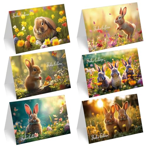 COCHIE 12er-Set Osterkarten mit Umschlag Frohe Ostern-Grußkarte mit Lebhaftem Niedlichem Hasen Exquisites Set mit Gefalteten Ostergrußkarten im A6-Format
