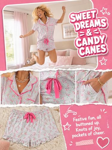 Image of KevaMolly Women Novelty Knotted Candy Cane Christmas Pajama Set | Christmas Floral Bow Print PJ Set, Button Lapel Knotted Drawstring Shorts with Convenient Side Pockets