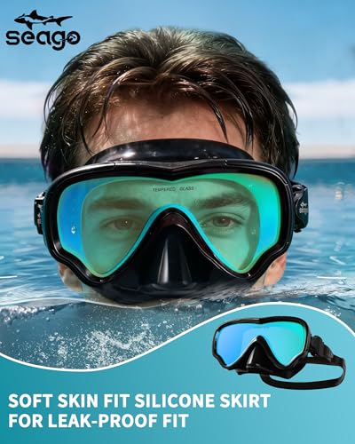 Image of Seago Adult Swim Goggles Mask Mirrored Tempered Lens, Anti UV /Fog No Blurring Clear Wide View with Nose Cover for Men Women