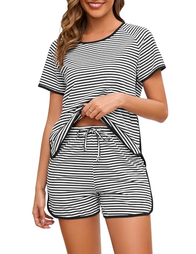 Image of Cotton Pajama Sets for Women 2 Piece Lounge Set Stripe Pj Set Loungewear Short Sleeve Top and Shorts with Pockets
