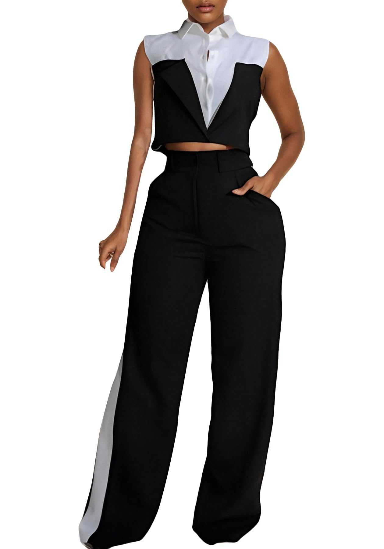 LAJIOJIO Pant Suits for Women Casual Sleeveless Crop Vest Top and Business Pants Set with Pockets