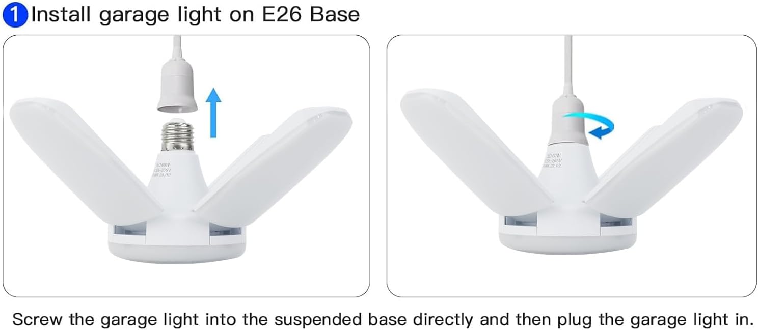 Deformable LED Ceiling Lights - 60W E26, 6000LM, 6500K Daylight White, 4 Adjustable Panels, Ideal for Garage, Warehouse, Basement