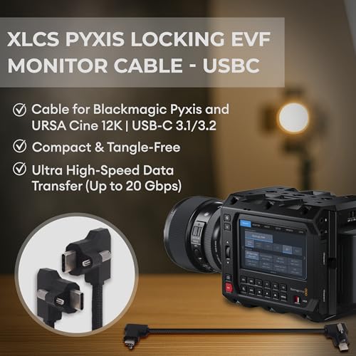 Image of XLCS Locking EVF Cable for Blackmagic Pyxis and URSA Cine 12K - USB-C 3.1 /3.2-20Gbps - 100W Power - Secure Lock - High-Speed Pyxis Monitor Cable - Durable and Reliable (30cm /12) - Black