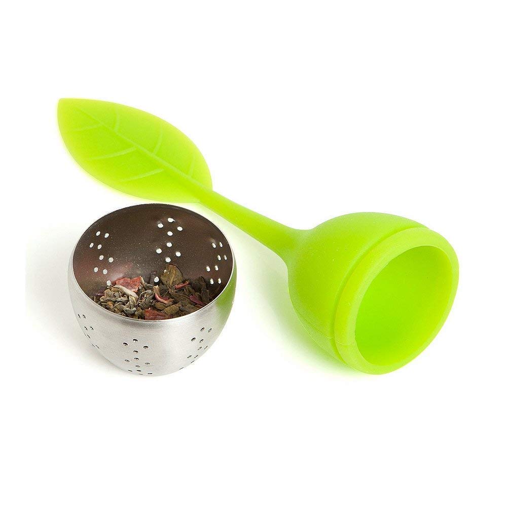ANAB GI Silicone Tea Leaf Infuser with Long Leaf Shape Handle, Stainless Steel Infuser with Drip Tray Pack of 1 2