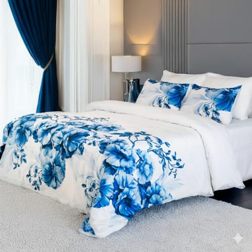 Image of Digitally Printed with Reactive Ink Tech | 300 TC 100% Organic Cotton Premium Bedsheet Set | Ultra-Soft Satin-Like Finish - Floral Azure Blue