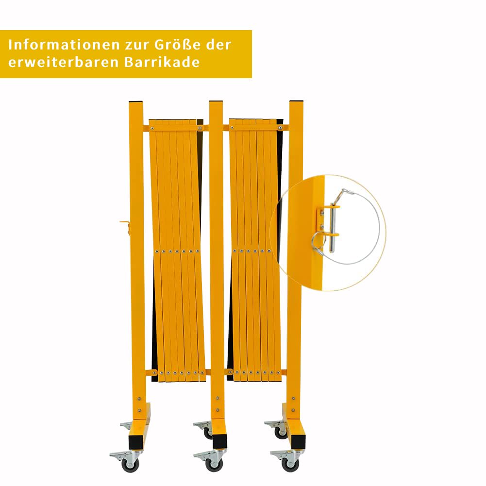 Barricada de metal expandible industrial de 7 metros, amarillo y negro, barrera de seguridad fácil de instalar con ruedas, barrera de seguridad móvil flexible, valla de tráfico ajustable