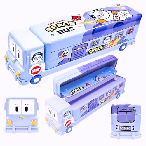 Image of Storio Bus Shape Pencil Box School Bus Metal Geometry Box for Kids Magic Bus with Moving Tyres with 3 Compartments Moving Tyre's & Sharpener Geometry Case for Boys & Girls - Space, Blue