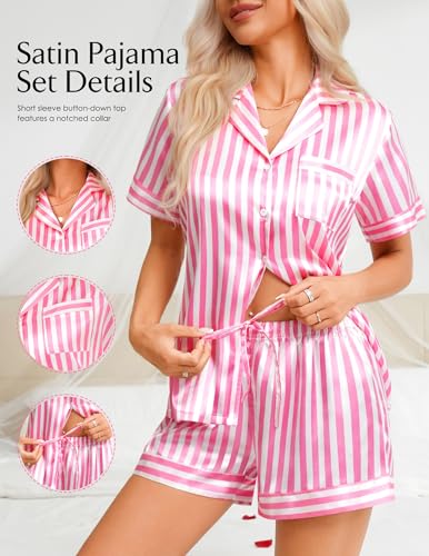 Satin Pajama Set for Women Sexy 2 Piece Short Sleeve Lounge Set Silk Lingerie Button Up Pjs Cute Soft Sleepwear2