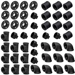 50 Pcs 3/4 Inch Threaded Black Malleable Iron Pipe Fittings Set – 10 Each for Flanges, Elbows, Tees, Caps, and Plugs for DIY Industrial Vintage Style Furniture, Shelving, Home Decor (3/4″)
