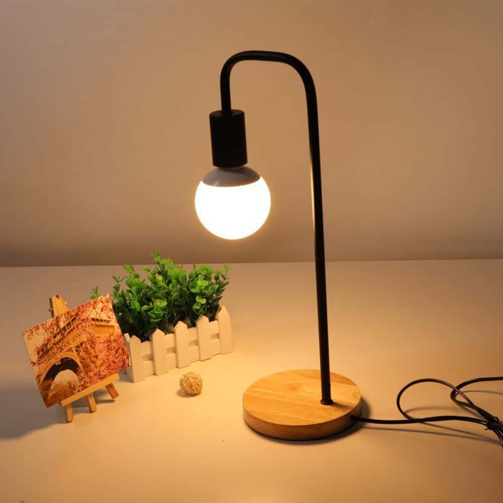 Lámparas de Escritorio Lámpara de Mesa Curva Retro Cable E27 con Interruptor Lámpara de Escritorio de 1 luz Metal Madera Negro
