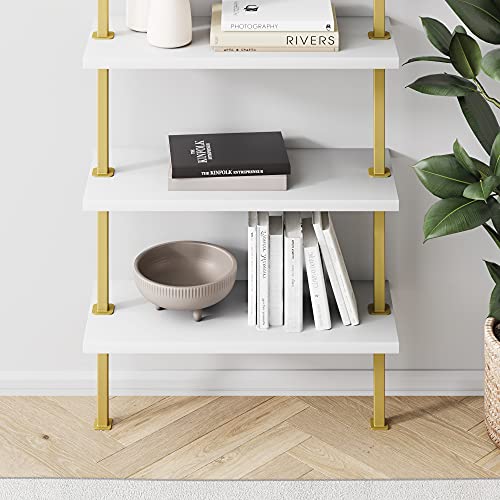 Nathan James Theo 6-Shelf Tall Modern Bookshelf, Wall Mount Ladder Shelf Bookcase With Wood And Industrial Metal Frame, White/Gold Brass #TOP5