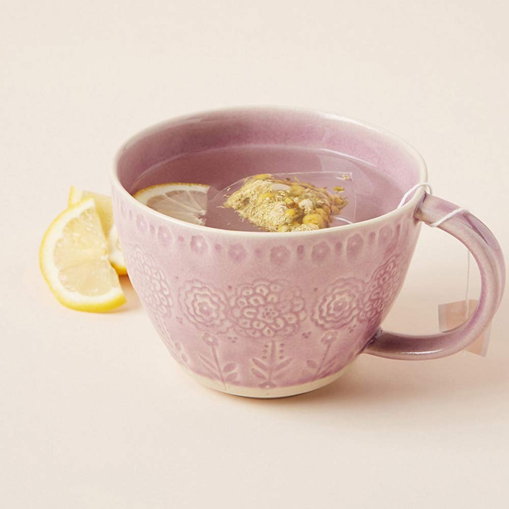 L-entcy Hand-painted Embossed Ceramic Coffee Cup, Flower Pattern Ceramic Tea Cup Pink Large-capacity Pot Ceramic Pot Cup Coffee Cup, Household Coffee Cup Water Cup For Office Use 12.5 Oz