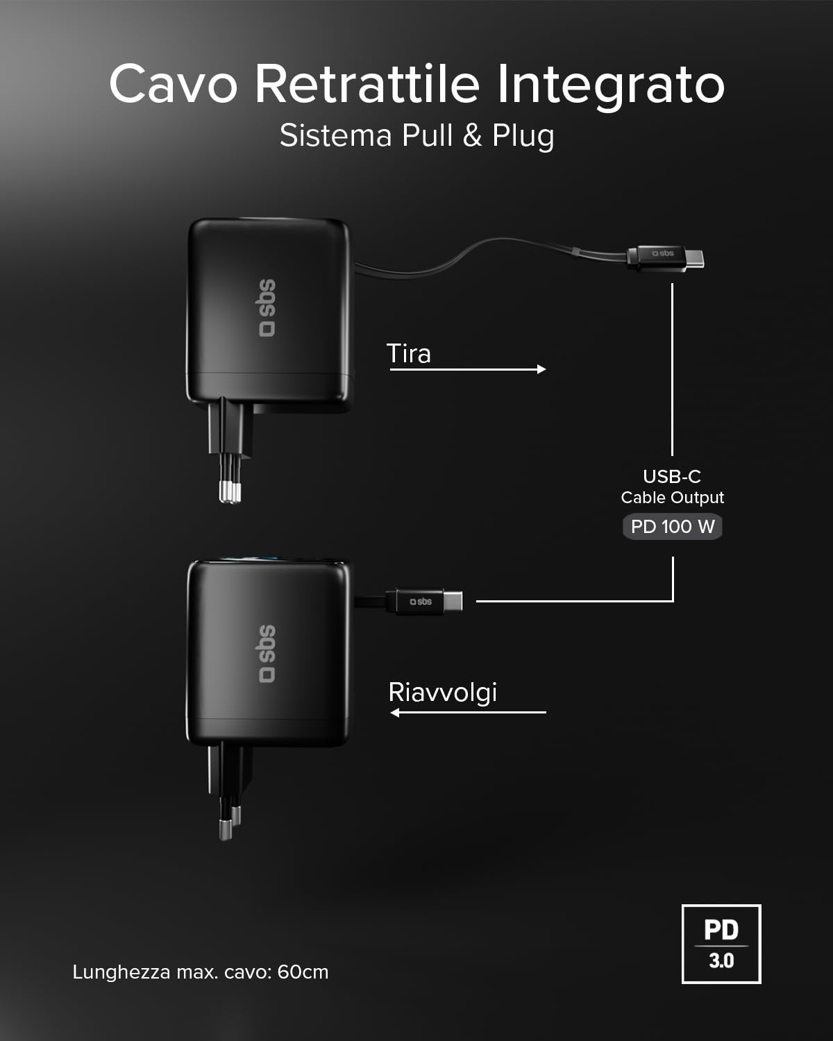 SBS Pulse Power 100W USB-C, Tecnologia GaN, Power Delivery (PD 3.0 PPS) | Smart Display AI, Cavo USB-C Retrattie, Alimentatore con Ricarica Rapida, Caricatore per Notebook, Tablet, iPhone, Android