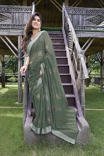 Image of MIRCHI FASHION Women Saree Cotton Blend 2-Tone Foil Print | Lightweight Comfortable Office Wear Sari with Blouse Piece