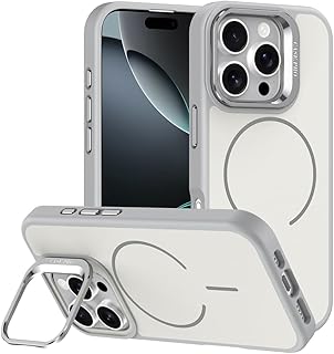 For iPhone 16 Pro Maxケース，隠し収納式スタンド，対応MagSafe， 対応 ワイヤレス充電，超強磁力 い，iphone16promaxカバー，耐衝撃性、滑り止め、落下防止、指紋防止、超薄、全面保護，アイフォン16 Pro Maxケースカバー。 (はいいろ)