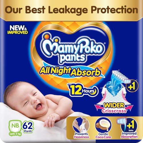 Image of New Mamypoko Pants Premium All Night Absorb| Pant Style Baby Diapers New Born Size(XS), 62 Count, Ideal for up to 5Kgs|1 Diaper= Upto All Night Absorption now with increased power of +1glass|Wider Crisscross Sheet|Gentle Coco Care| 12hr Leakage Protection|Prevents Heaviness.