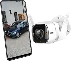 Tapo C320WS – Câmera de vigilância WiFi externa/interna, 2K, resolução QHD de 4 MP, visão noturna colorida, 512G, notificações em tempo real, IP66 à prova d'água, compatível com Alexa, branca.