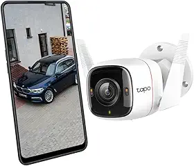 Tapo C320WS – Câmera de vigilância WiFi externa/interna, 2K, resolução QHD de 4 MP, visão noturna colorida, 512G, notificações em tempo real, IP66 à prova d'água, compatível com Alexa, branca.