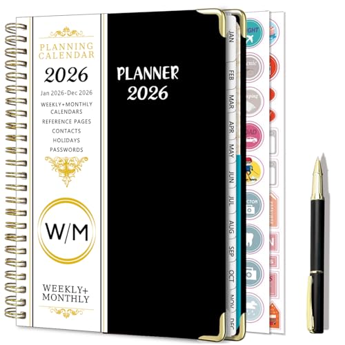 NEYSA Agenda 2026 Semainier Spirale de Janvier à Décembre (12 mois) A5 Agenda Scolaire semainier et mensuel Avec Autocollants de plan, Stylo,Onglets...