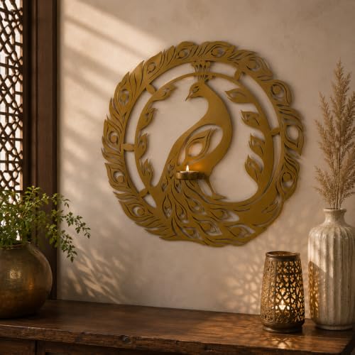 Image of Golden Metal Peacock Wall Decor with Tea Light Holder, 18 x 18 Inch Decorative Wall Hanging, Powder Coated Iron Art for Living Room, Bedroom, Hallway, Office & Housewarming Gift
