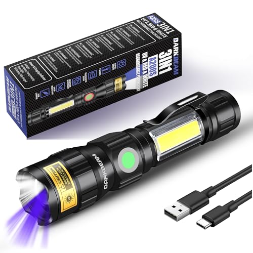 DARKBEAM Linternas UV 365nm USB Recargable, Linterna LED 3 en 1 Lámpara Ultravioleta Luz Negra para Madera, Detector de Orina/Anti Falsificación/Fluorescente/Resina 365 nm, Base Magnética