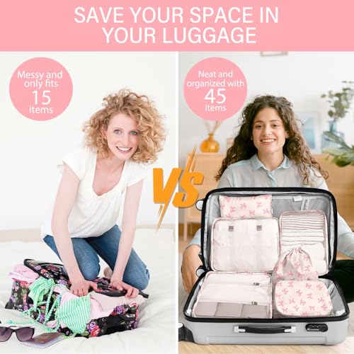 KPX 8 Set Packing Cubes for Travel, Luggage Packing Organizers Accessories Large Toiletries Bag for Clothes Shoes Cosmetics (8Set-Pink Bow) by KPX - Image 5