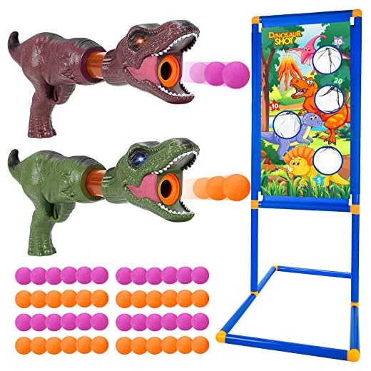 G.C Dinosaur Shooting Game Toys for Kids 6 7 8 9 10+ Shooting Target Stand 2 Popper Air Guns 48 Foam Balls Indoor Outdoor Practice Set Toy Guns Gift for Boys Girls
