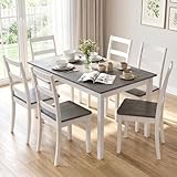 Tangkula Dining Table Set for 6, Solid Wood, Farmhouse Dinette Set w/Rubber Wood Legs, Mid-Century Modern, Compact Dining Table and Chairs Set for Kitchen, Dining Room (Grey)