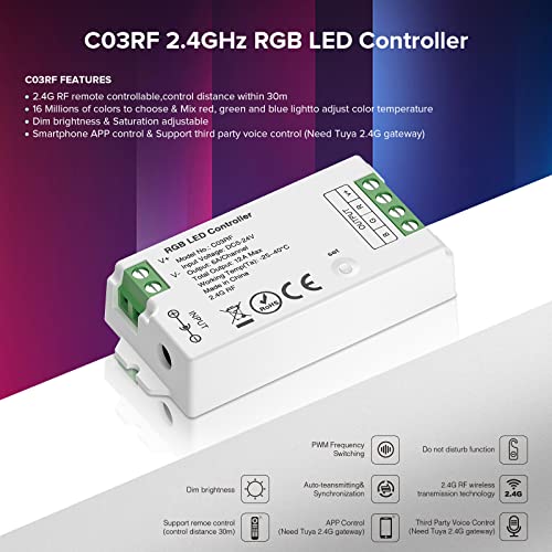 Image of SEZO C03RF RGB LED Controller Support PWM 5050SMD FCOB COB RGB (+ R G B) 4pin LED Strip String Support with RC03RFB RF Remote DC5V-DC24V Max 12A(NO Remote /Power)