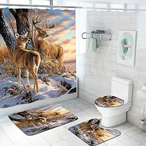 4 Pieces Printing Shower Curtain and Bath Mat Non-slip Toilet Seat Cover Mat Home Decor Toilet Mat Memory Foam U-Shaped Toilet Rug Set Animal Deer 120X180 CM Cover