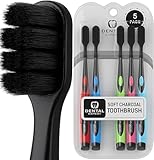 5 Pack Colorful Charcoal Toothbrush [GENTLE SOFT] Slim Teeth Head Whitening Brush for Adults & Children [FAMILY PACK] - Ultra Soft Medium Tip Bristles