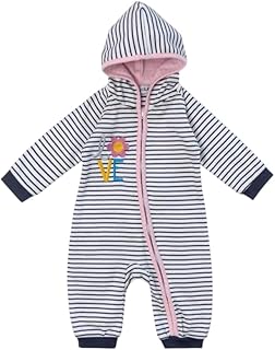 سالوبيت قصير بغطاء رأس للأطفال بنمط مخطط وسوستة أمامية مع رسومات لطيفة من عمر الولادة إلى 24 شهر، أبيض وكحلي