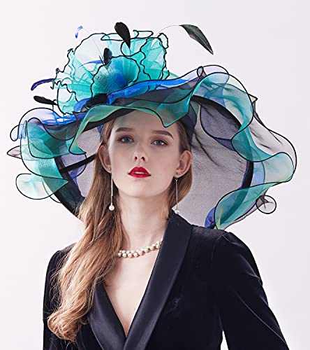 Ellydoor Women Derby Church Hat Organza Flower Wedding Tea Party Fascinator Hat Wide Brim Sun Hat 01-Blue Green #TOP3