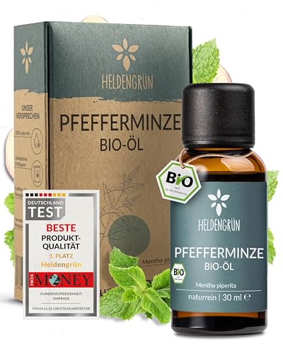 Heldengrün BIO Pfefferminzöl [100% NATURREIN] - Reines Pfefferminzöl zum Verzehr - Frisch belebend & klar - Minzöl aus Griechenland - Peppermint Oil