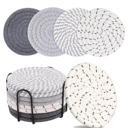 OPPOLIFE 8 Pcs Coasters for Drinks, 4 Colors Absorbent Coasters with Holder, Heat-Resistant Cotton Woven Coaster Set for Home Decor Tabletop Protection Suitable for Kinds of Cups, 4.3 Inches