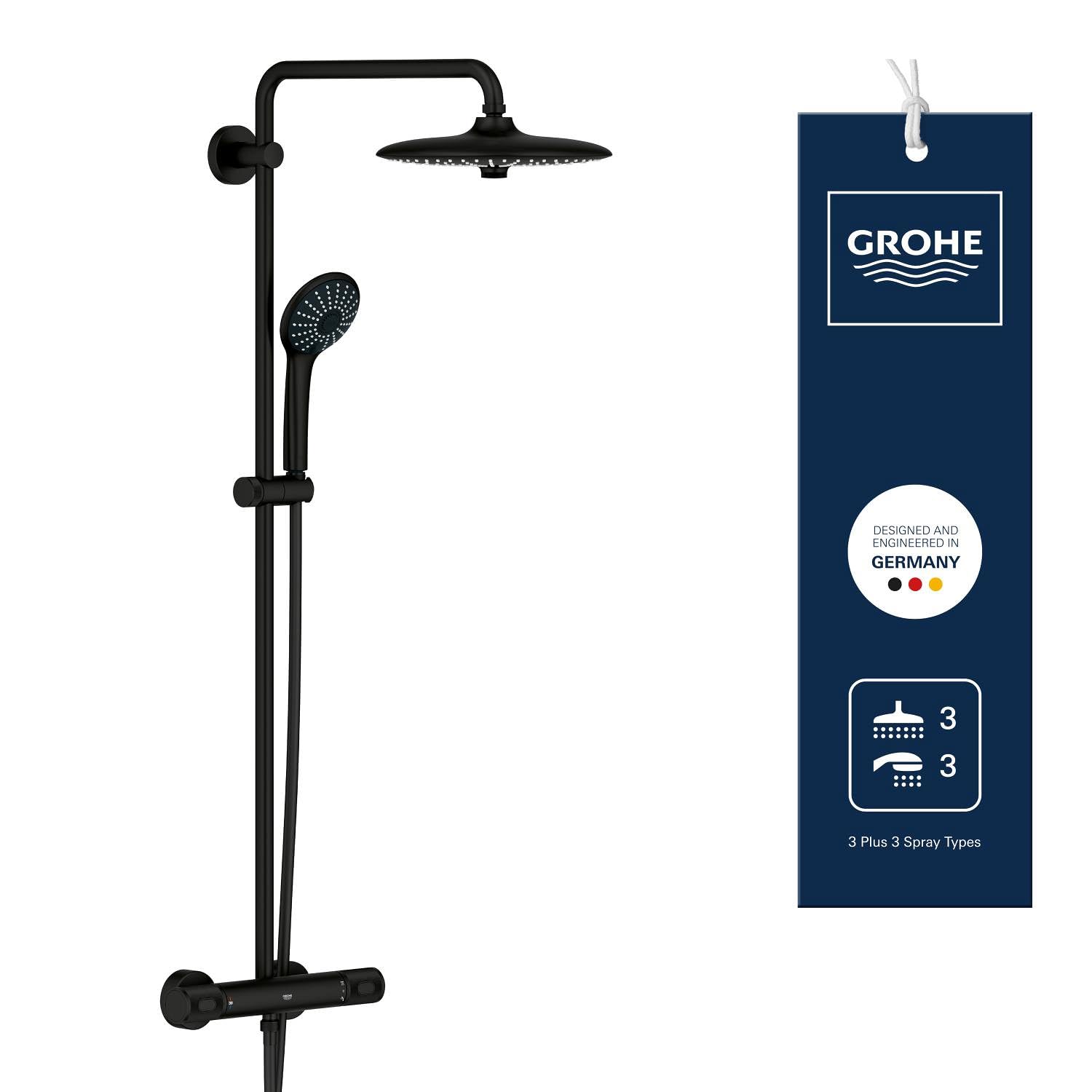 GROHE Vitalio Joy 260 - Sistema de ducha con termostato y bandeja (Ahorro de agua, Cabezal 26cm 3 chorros con rótula, Teleducha 11cm 3 chorros, Flexo 1.75m), Negro Mate, 264032432