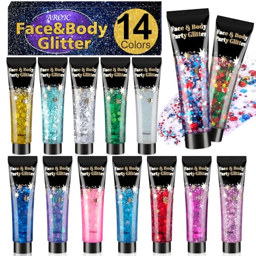 AROIC 14 Colors Body Glitter, St Patricks Day Face & Hair Glitter Gel Set, Eye Shimmer for Women Glow in the Dark Rave Accessories Party Supplies, Face Paint Hair/Cheek/Eyelid Sparkle Makeup-18ml/Tube