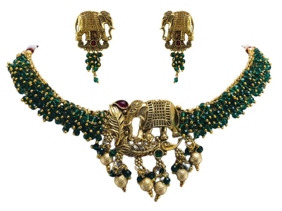 THE OPAL FACTORY Antique Gold-Plated Traditional South Indian Bridal Jewellery Elephant Pendant Short Necklace Set with Earrings. (TOF Elephant Pendant Short NS Green) (B0CH88D5XN) Amazon Price History, Amazon Price Tracker