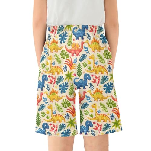 ALAZA Dinosaur Palm Tree Leaf Color Pajama Shorts Elastic Waist Casual Sleep Shorts with Pockets Size 6-142
