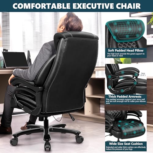 Big and Tall 500lbs Office Chair,Heavy Duty Large PU Leather Executive Desk Chair with Wide Seat, Adjustbale Ergonomic Lumbar Support High Back Rocking Computer Chair for Heavy People (Black)