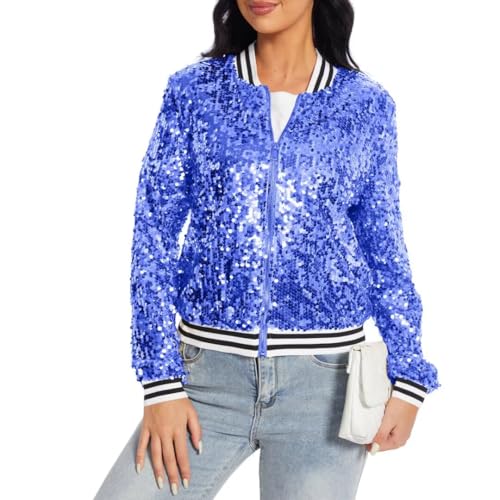 Womens Sequin Jacket Party Festival Outfit Long Sleeve Zipper Up Stylish Glitter Blazer Bomber Jacket