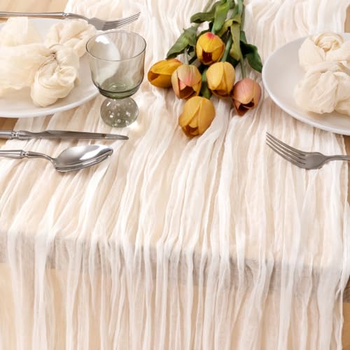 Image of MLMC Ivory White Table Runner Rustic Gauze Cheesecloth Table Runner 10ft Cheese Cloth Centerpiece Decor 35x120 Inches for Dessert Anniversary Wedding Bridal Baby Shower Decor