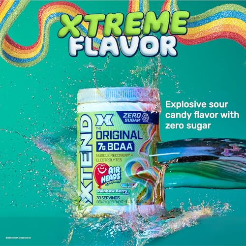 Image of Xtend Original BCAA Powder, 7g BCAAs and 2.5g L-Glutamine for Muscle Recovery, Hydration, and Lean Muscle, Sugar Free Intra and Post Workout Drink, Airheads Xtreme Rainbow Berry, 30 Servings