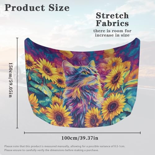 Image of Car Hood Cover Protector Soft Stretch Polyester Fabric Cover Cat and Sunflower Vehicles Decorate Engine Fabric Hood Cover All-Season Protection Suitable for Cars