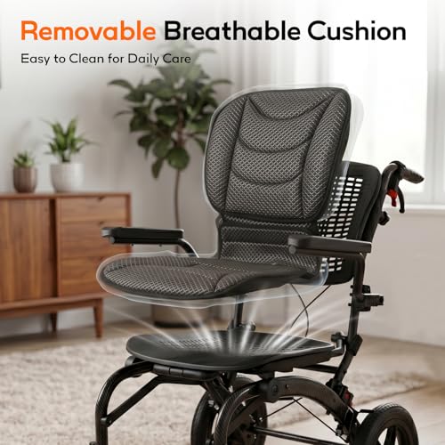 Image of SOFTFISH Transport Wheelchair with Ergonomic Design & Pull Rod, Wheelchairs for Adults with Adjustable Push Handles & Footrests, 12 inch Rear Wheels, Flip-Back Armrests, Carbon Fiber Aluminum Frame