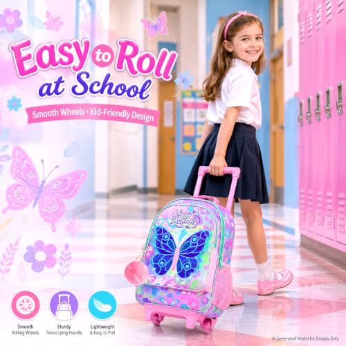 Image of CCJPX 3Pcs Butterfly Rolling Backpack for Girls, 18 inch Kids Wheeled Bookbag with Lunch Box, Lightweight Roller School Bag for Elementary Preschool (Pink)